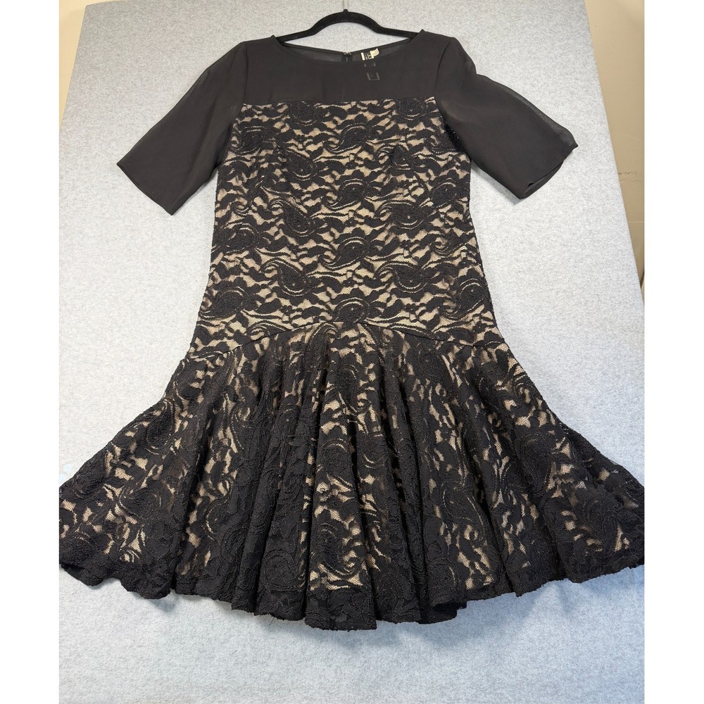 Vtg Black Lace Drop‎ Waist Flounce Dress Mesh Sleeves Gatsbycore Size 12 SKU 211